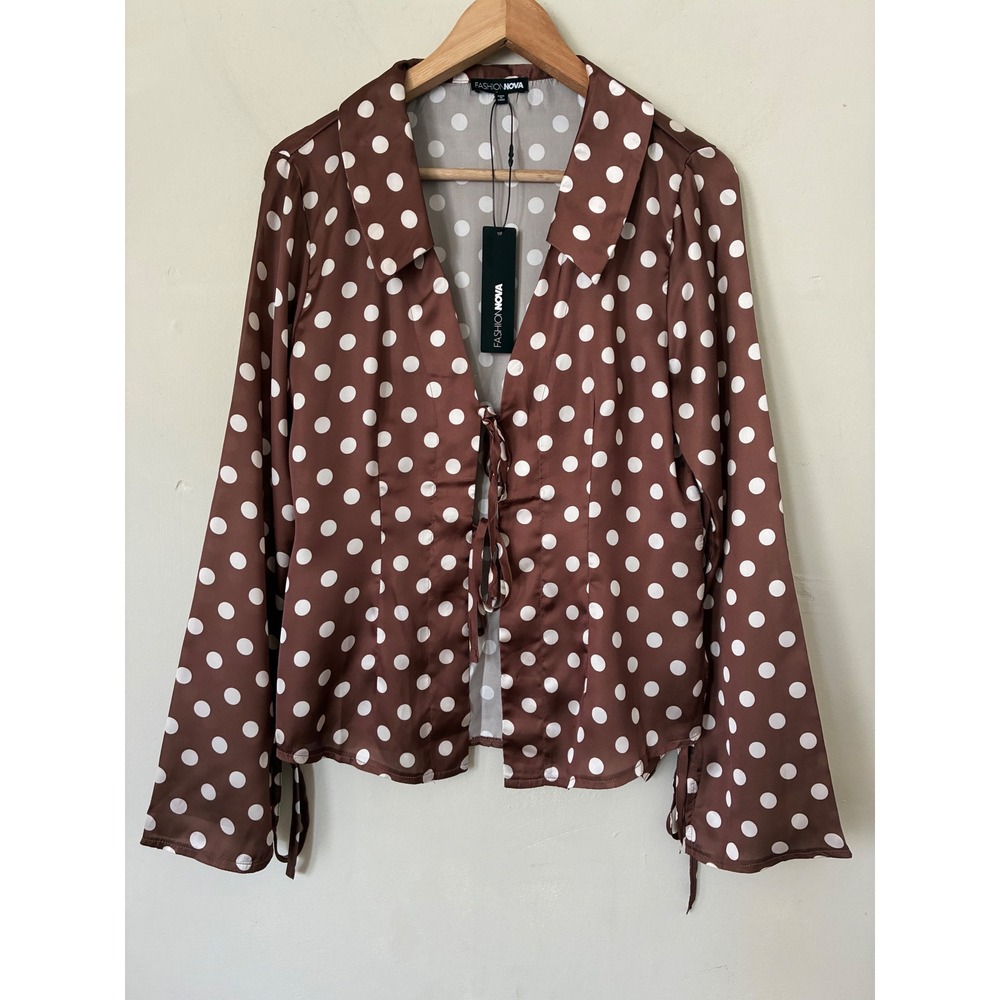 Fashion Nova Polka Dot Mood Satin Fairycore Shirt Brown White Tie Front Top L